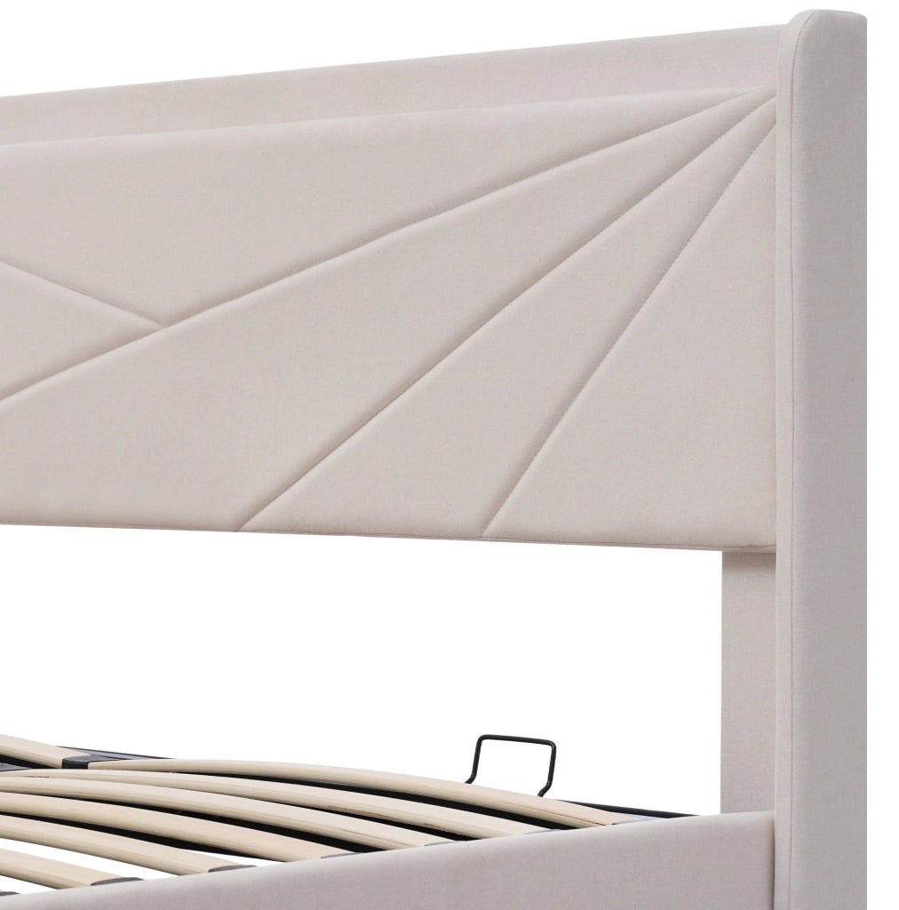 Letto matrimoniale contenitore 180x200 cm in cotone e lino con USB e USB-C beige HAVRYA