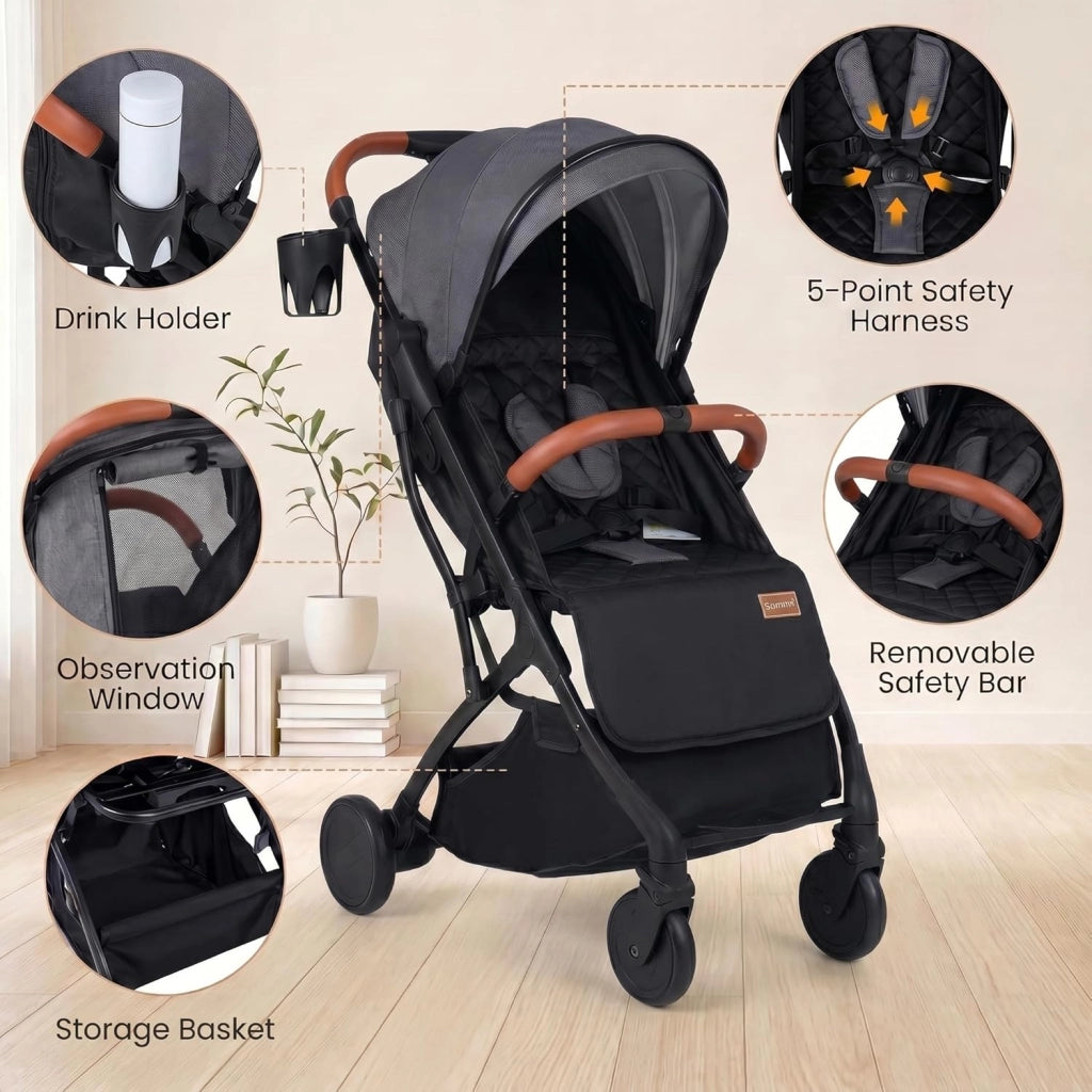 Passeggino Leggero per Bambini e Neonati, Passeggino Pieghevole e Portatile con Ruote, Schienale Regolabile, Tettuccio, Cintura di Sicurezza, Cesto e Copertura Antipioggia (Grigio)