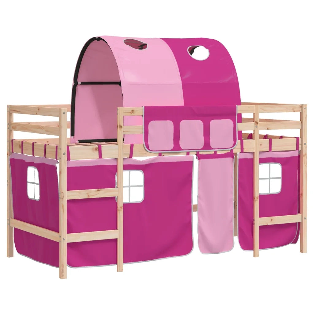 Letto a Soppalco con Tunnel Bambini Rosa 90x190cm Massello Pino