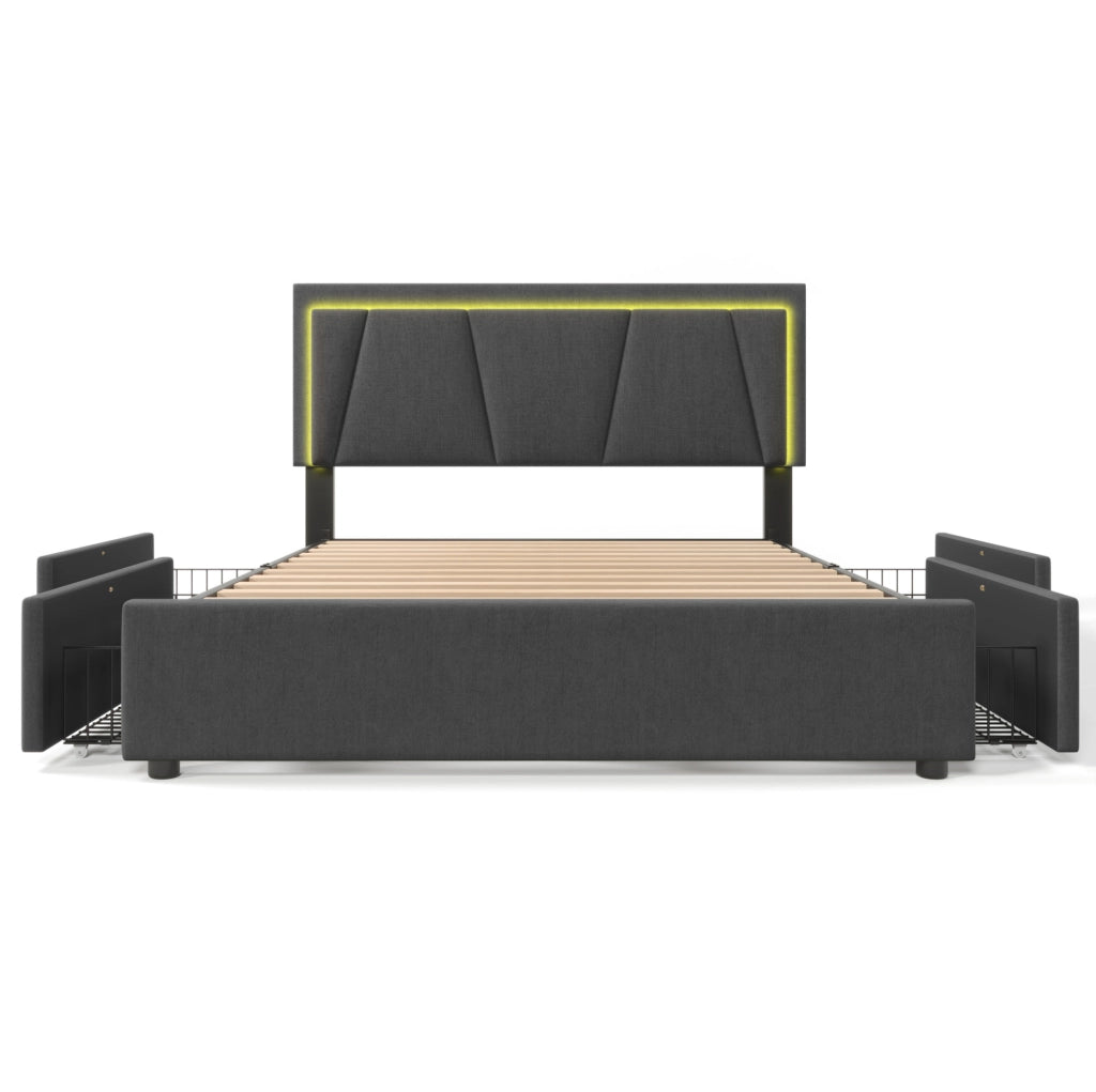 Letto 160x200 cm con testiera regolabile; LED e 4 cassetti in legno grigio