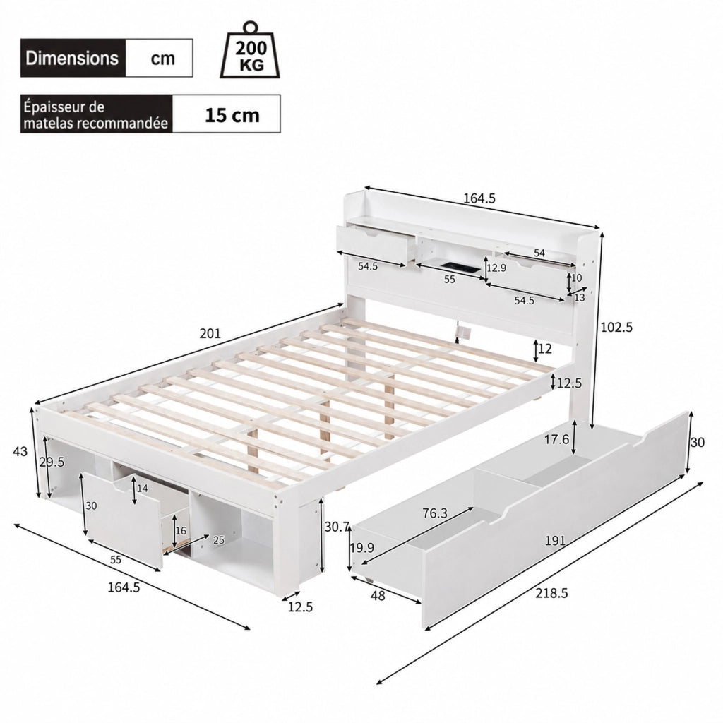 Letto multifunzionale 160x200 cm con USB, Type-C, cassetti e vani contenitore, bianco, senza materasso