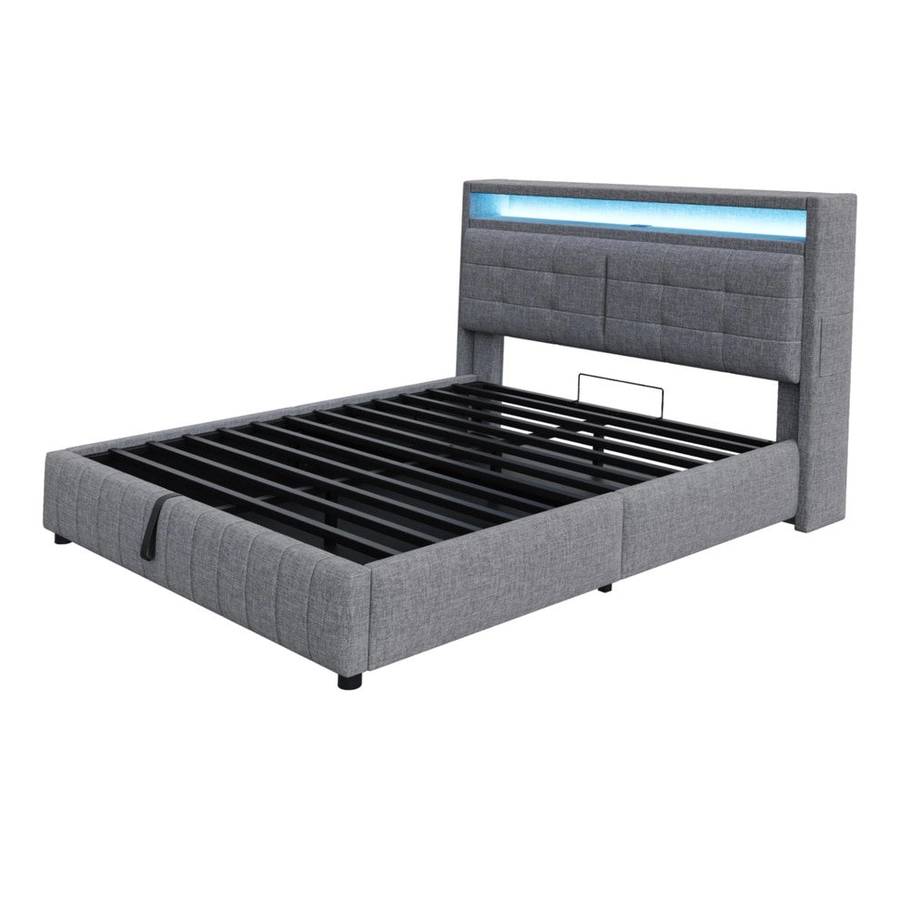 Letto Imbottito Contenitore 160x200 con LED ¨C MINIMAL ¨C Grigio, Tessuto Lino, Doghe, Idraulico