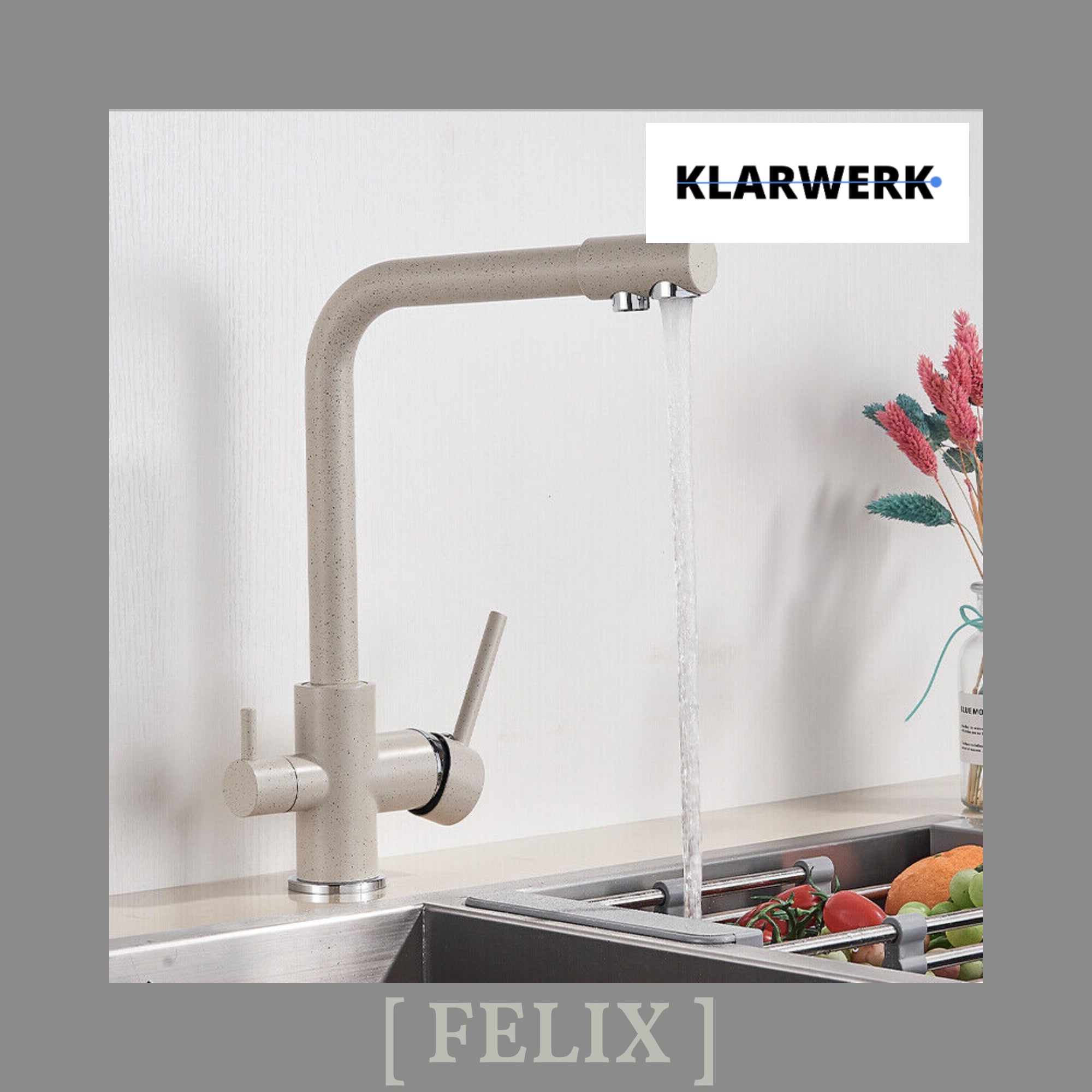 FELIX | Rubinetto per acqua potabile a 3 vie color beige sabbia | miscelatore da cucina ad osmosi in acciaio inossidabile | Filtro 3 connessioni