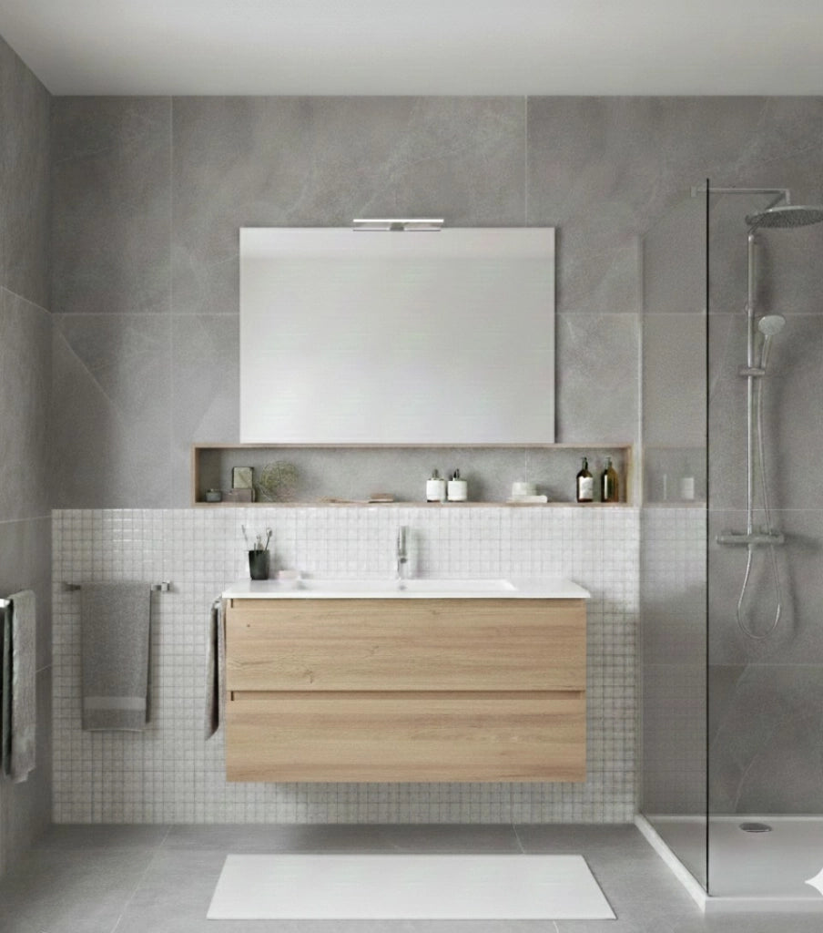 Mobile Bagno LOKI Già Montato 2 cassetti con piedini, lavabo e specchio Estepa 60x35 cm