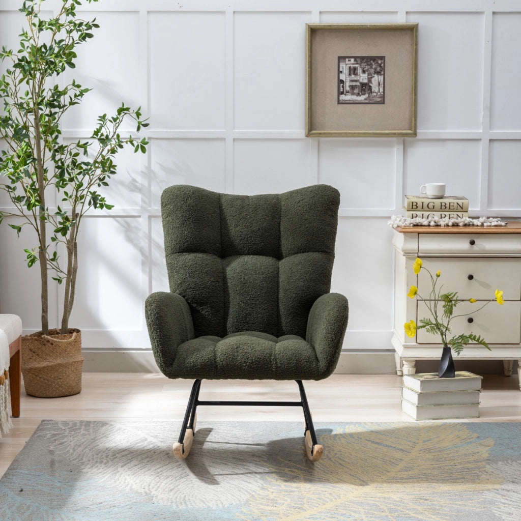 Teddy Fabric Rocking Chair with Pocket - Soft Comfy Wingback Goldie Rocking Chair with Safe Solid Wood Base, Dark Green
