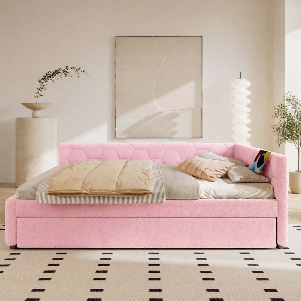 Daybed rosa 140x200 cm con letto estraibile, USB e luce