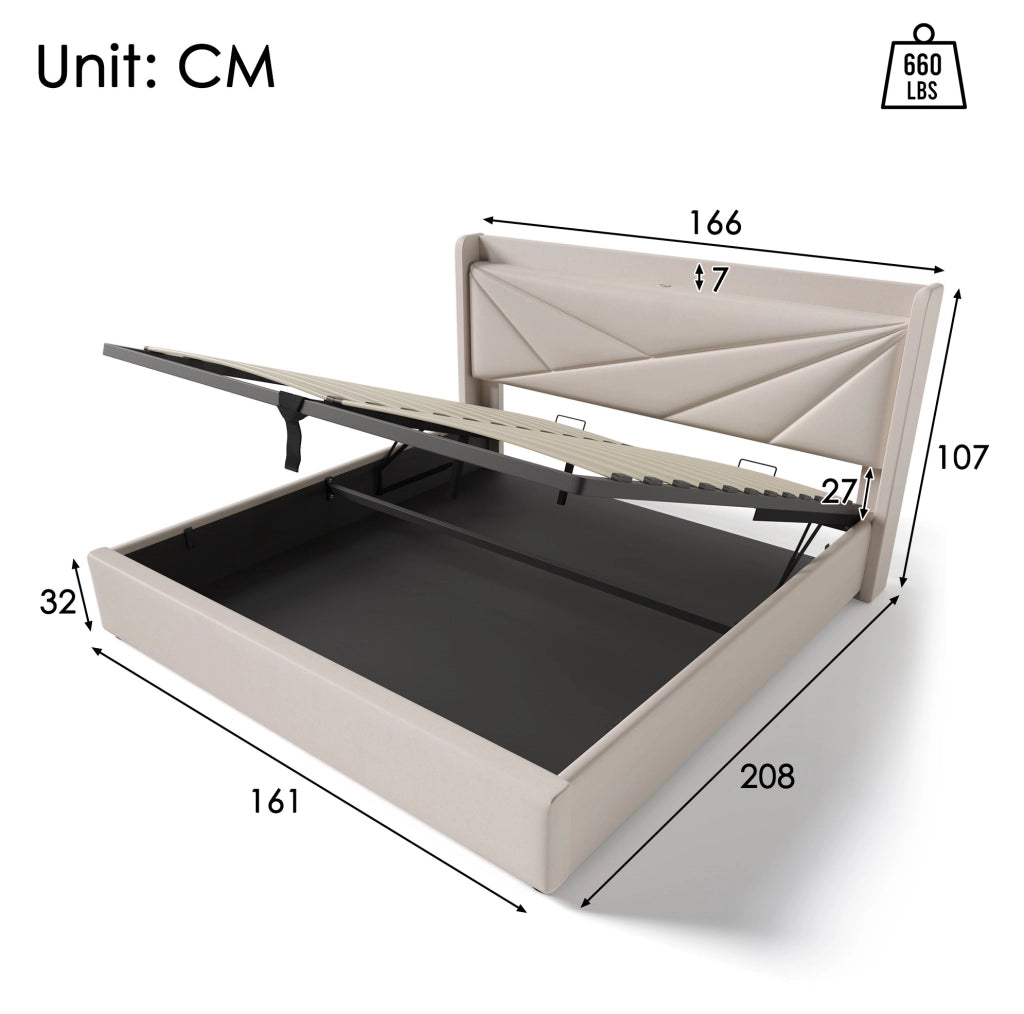 Letto matrimoniale 160x200 beige con contenitore, USB e Type-C