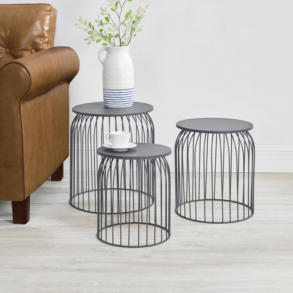 [en.casa] Set di 3 Tavolini d'Appoggio in Varie Altezze Tavolini Bassi da Salotto a Forma di Cestino Gabbia - Grigio Scuro
