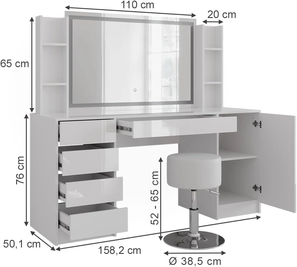 Tavolo da toeletta Sherry, Bianco/bianco lucido, 158.2 cm 5 parti