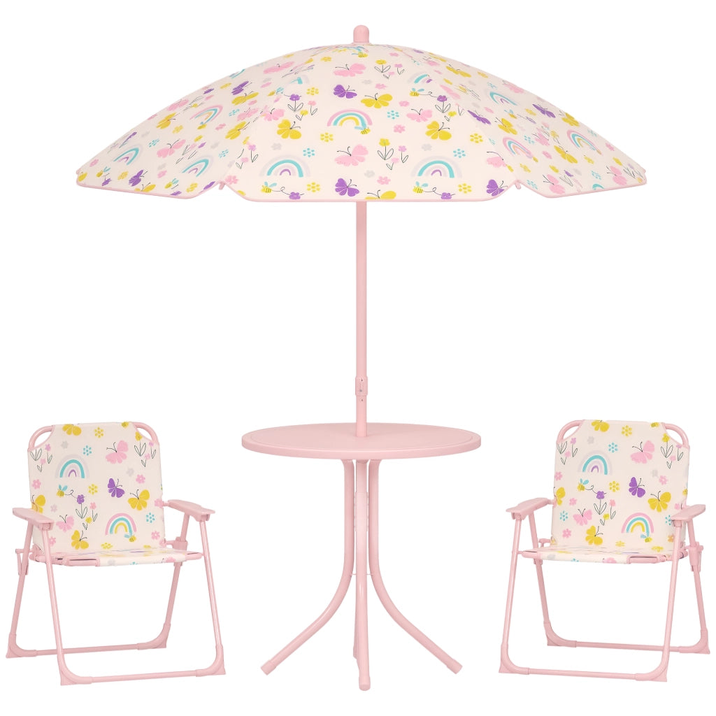 Set da Giardino per Bambini 2-5 Anni con Tavolino Rotondo, 2 Sedie Pieghevoli e un Ombrellone, Rosa
