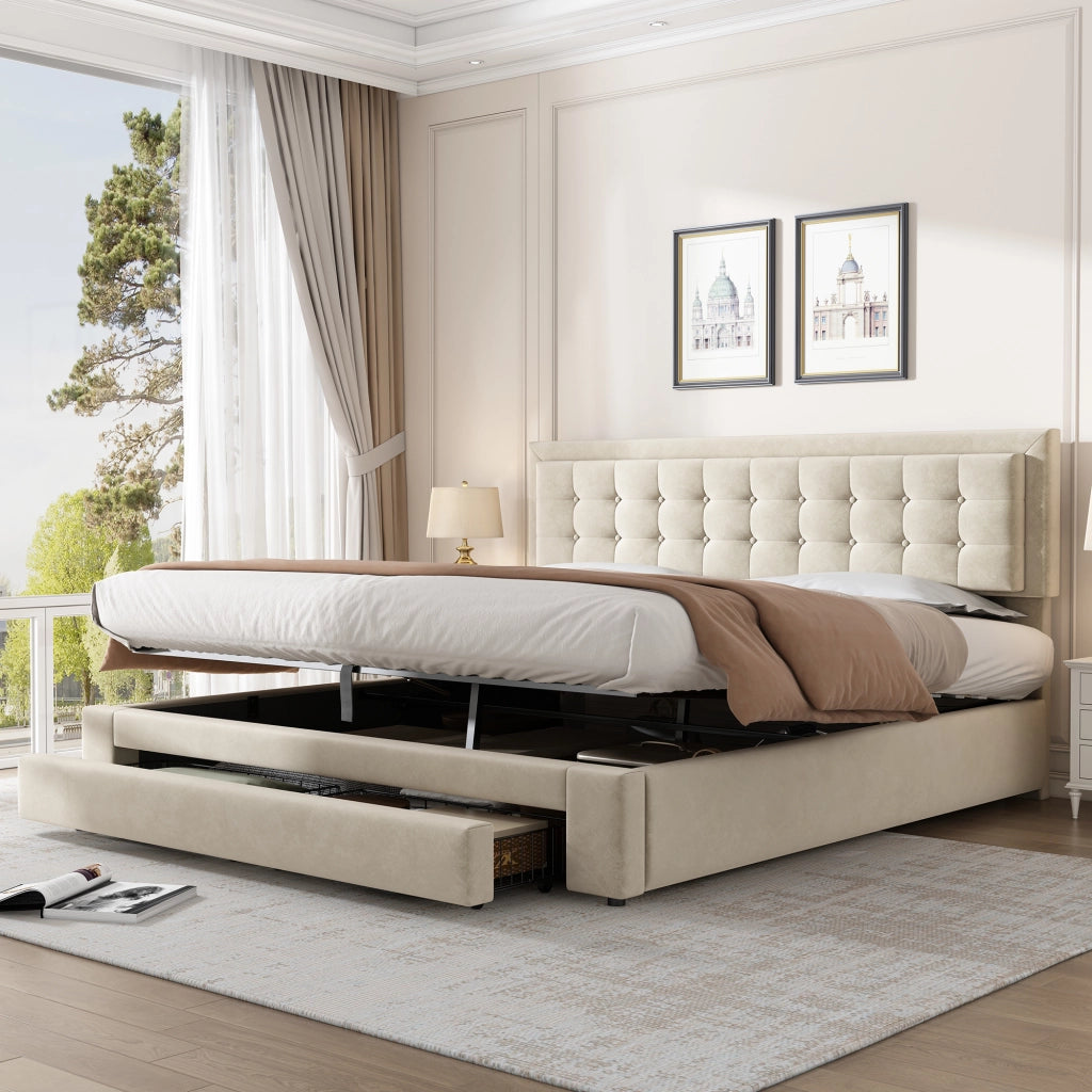 Letto imbottito in velluto beige 180x200 cm con contenitore, testiera regolabile e struttura con 3 piedi in metallo