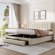 Letto imbottito in velluto beige 180x200 cm con contenitore, testiera regolabile e struttura con 3 piedi in metallo