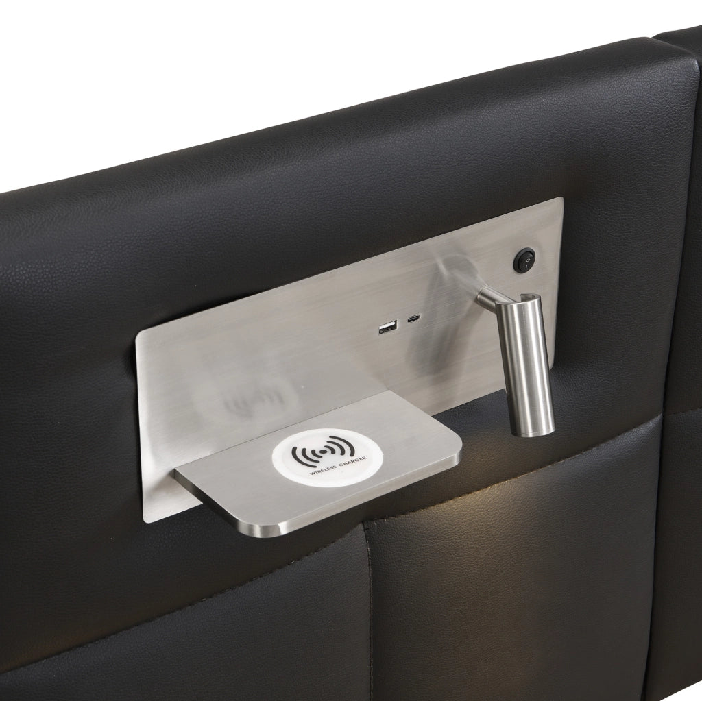 Letto matrimoniale imbottito 180x200 cm in PU nero con USB; ricarica wireless e contenitore