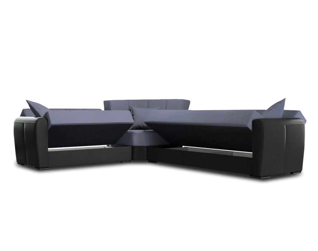 Divano letto Gaillardia, Divano letto contenitore ad angolo in ecopelle e tessuto, SofÒ  da soggiorno con apertura click-clack e penisola reversibile, 305x238h91 cm, Nero e Grigio Tortora\