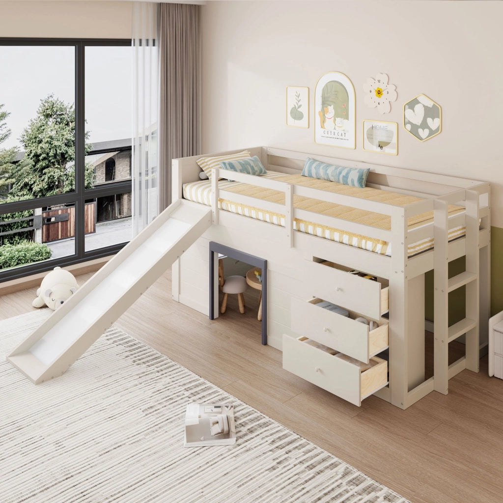 OKWISH Letto a soppalco basso 90×200 cm, Letto Singolo con Scivolo, 3 Cassetti e 2 Ante, senza Materasso, in Legno, Crema