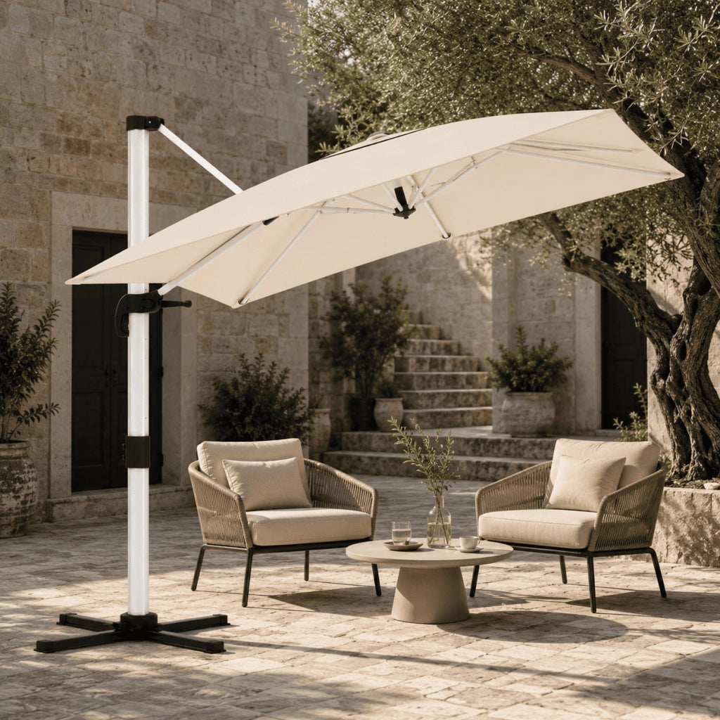 Ombrellone Decentrato 3X3 Metri Con Base A Croce Per Giardino Terrazza Patio E Piscina Struttura In Alluminio Antiruggine Telo Impermeabile UV50+ Inclinabile 300 x 300 x 260 Cm Beige