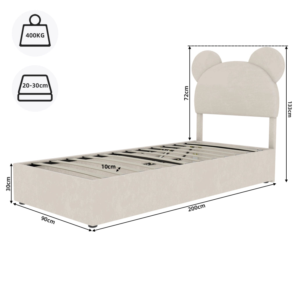 Letto Contenitore 90x200 cm; Letto Singolo - Box con Sollevamento Pneumatico - Beige