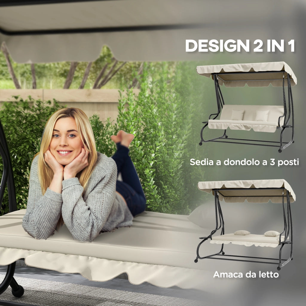 Dondolo Letto da Giardino con Tettuccio Regolabile e Vassoi, in Acciaio e Teslin, 200x120x164 cm, Crema