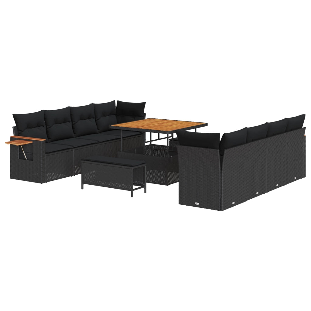 Set di Divani da Giardino 11 Pezzi con Cuscini Nero Polyrattan Acacia
