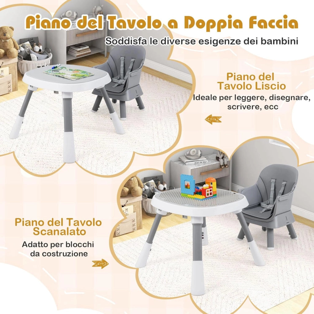 Seggiolone Pappa Bambini, con Cintura e Vassoio Rimovibile (Grigio) | Sedia Evolutiva per Neonati 6-36 Mesi con Cintura e Vassoio Rimovibile, 3 Giochi e Cestino