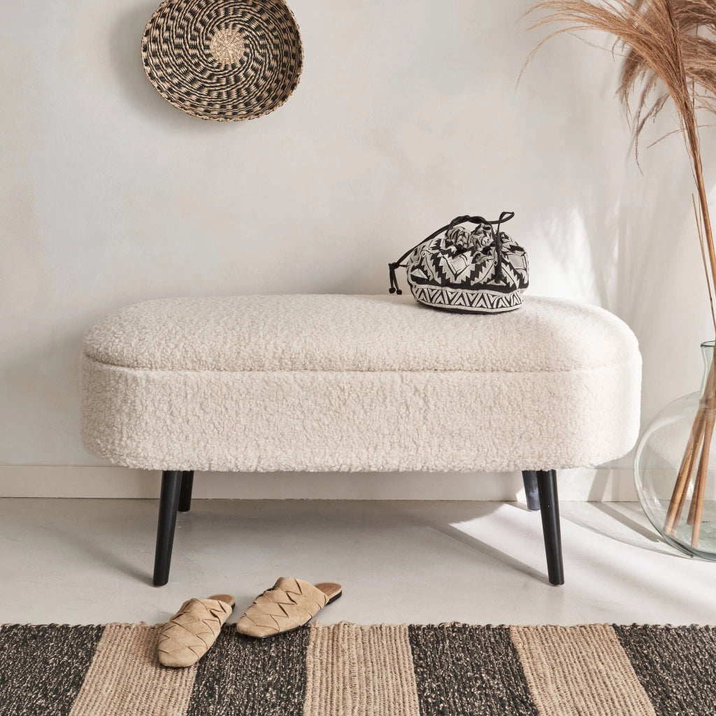Cassapanca con rivestimento bouclé, ecrù
