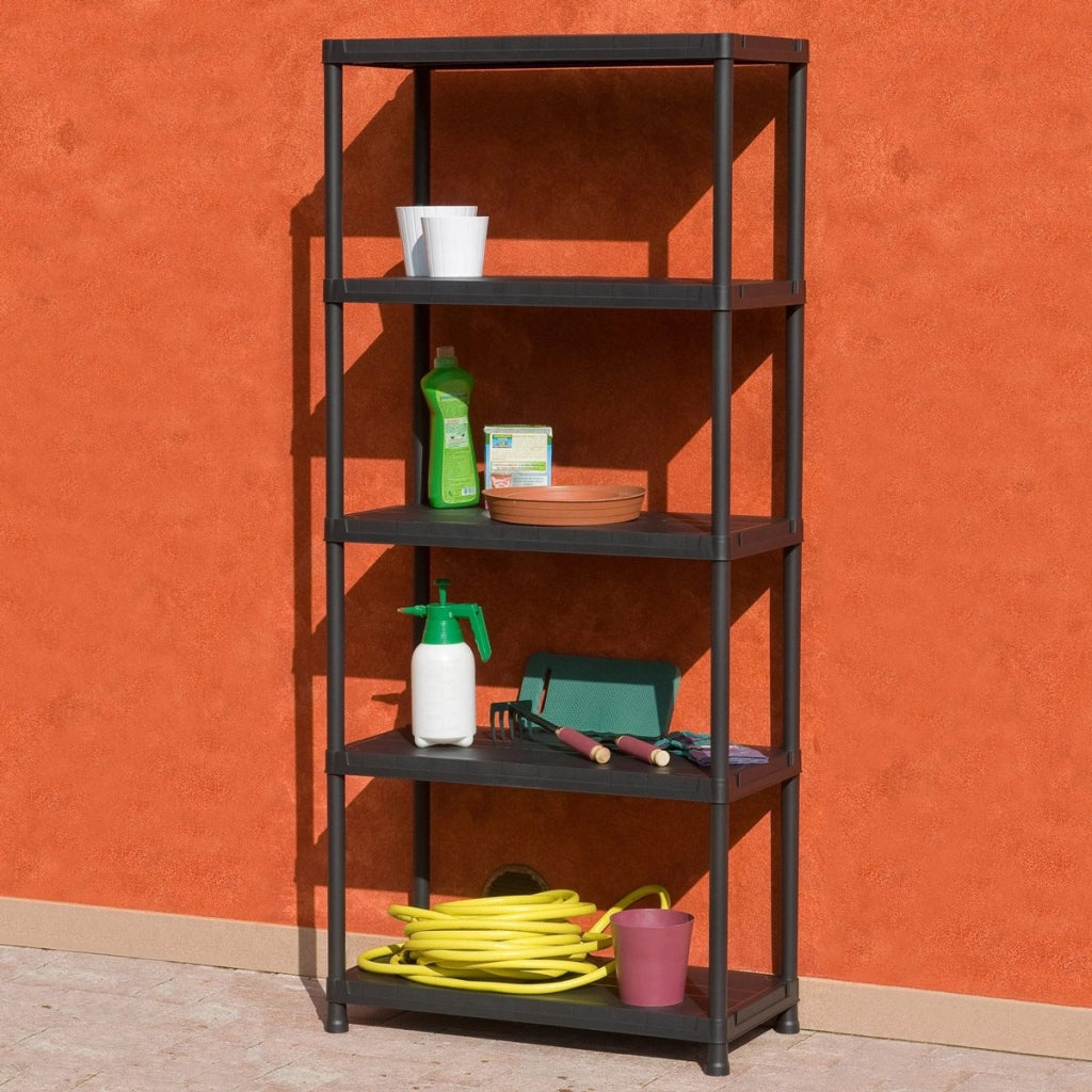 Scaffale Universal 845 a 5 ripiani ventilati per interni in resina con fissaggio a muro colore nero 80x40x180 cm Toomax