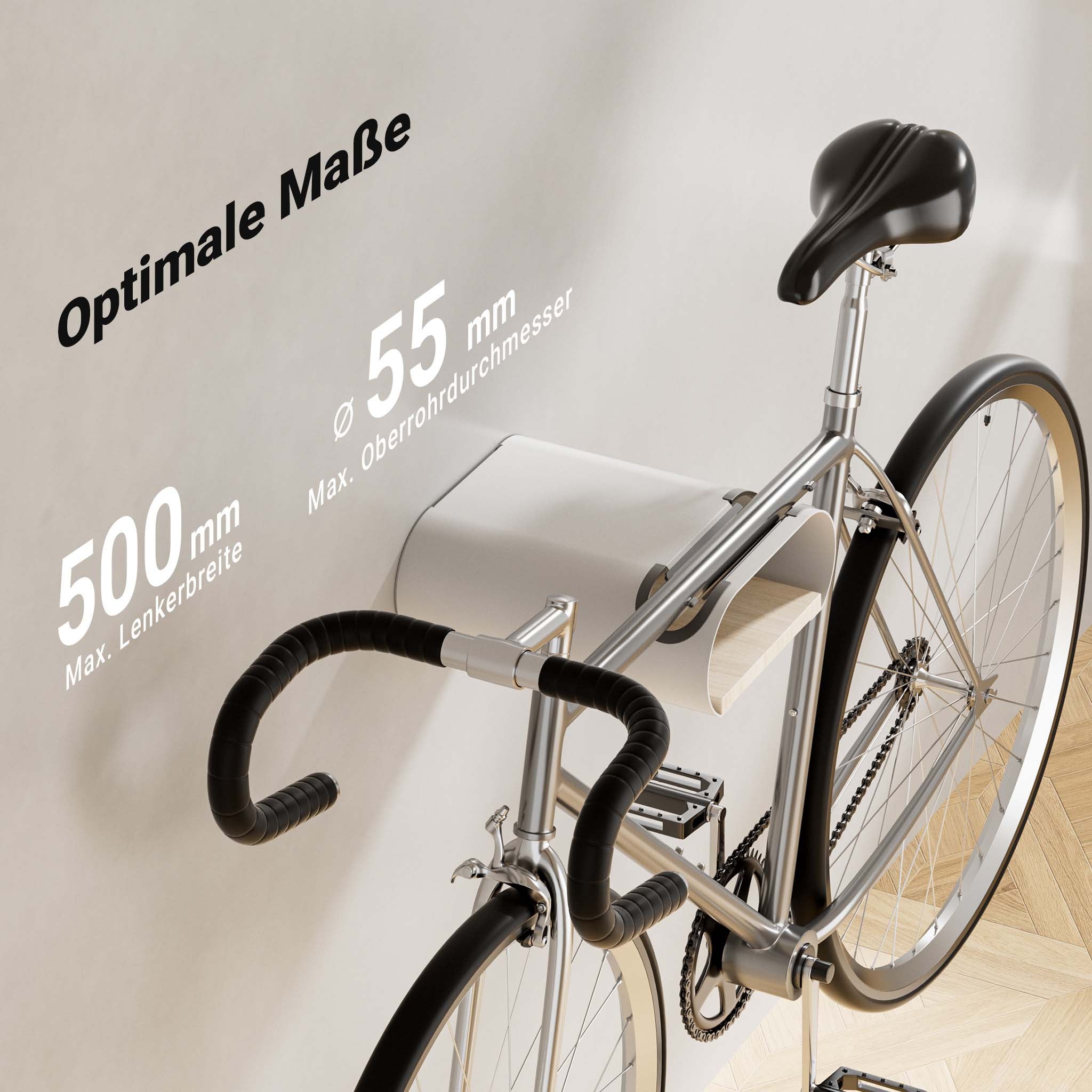 supporto a parete per bicicletta bianco 25,6 x 30 x 11,4 cm fino a 25 kg, portabici universale, in sospensione, per tubi orizzontali Ø 55 mm e manubri larghi 500 mm
