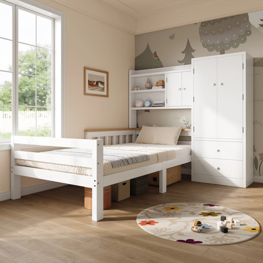 Letto per bambini 90 x 200 cm con armadio integrato e cassetti; legno e MDF bianco