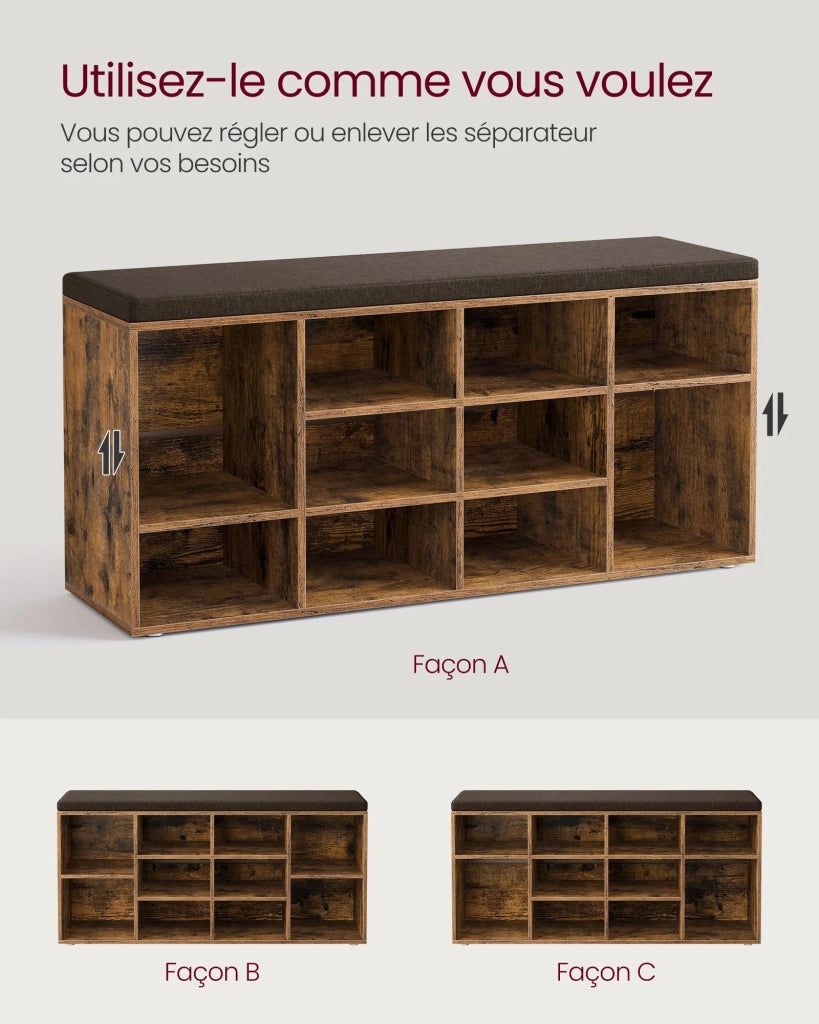 Panca portascarpe mobile da ingresso con seduta scarpiera con cuscino e 12 ripiani regolabili per corridoio/soggiorno 303 x 104 x 48 cm marrone rustico 12_0004090