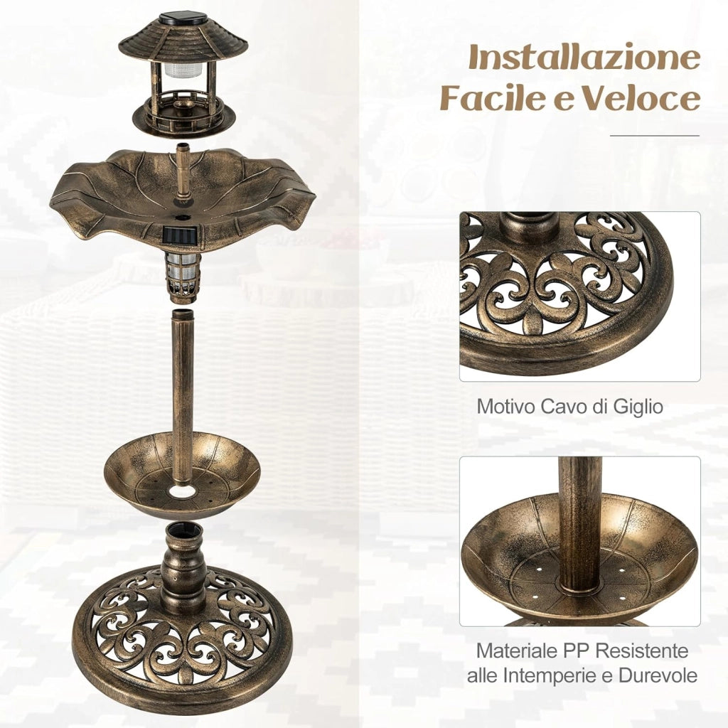 Vasca per Uccelli da Giardino a Energia Solare, Abbeveratoio e Mangiatoia per Uccelli da Esterno con 2 Lampade a Energia Solare, Fioriera e Supporto Riempibile(Bronzo Antico, 43 x 43 x 110 cm)