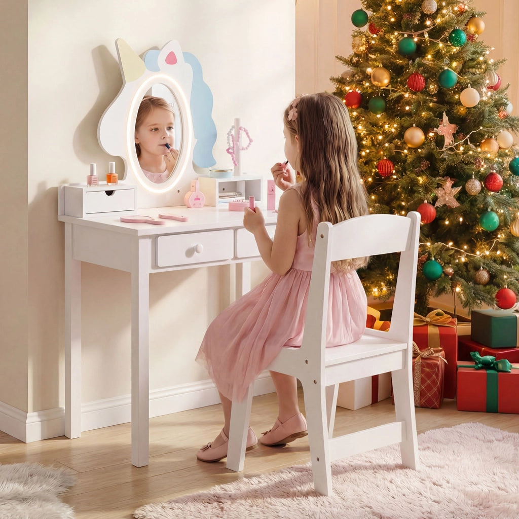 Toeletta trucco con tavolino sgabello e specchio rimovibile, Specchiera ad unicorno con luci per bambini 3-6 anni Bianco