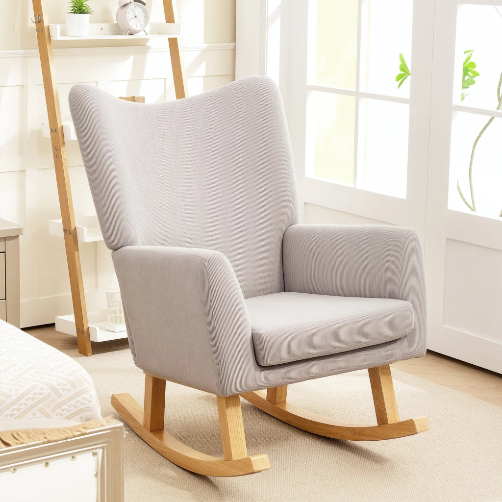 Poltrona Dondolo Design Retr¨° ¨C zephmum ¨C Tessuto Corda, Legno Gomma, Grigio Chiaro