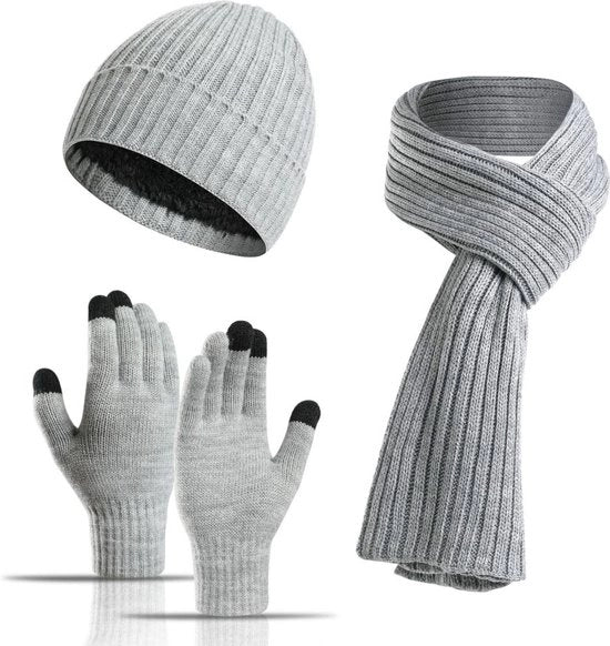 Set invernale tridimensionale per uomo e donna con cappello, sciarpa e guanti touchscreen imbottiti, calore intensificato per campeggiatori, escursionisti, ciclisti e sciatori - grigio chiaro - 38*28*4
