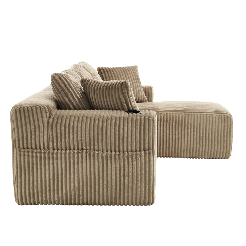 Divano modulare con chaise longue e 2 posti, 5 cuscini, tasche laterali e portabicchieri, in velluto a coste, Cachi
