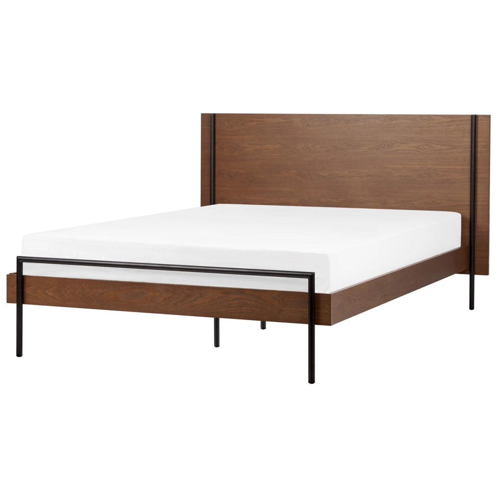 Letto 140 x 200 cm in frassino scuro con rete a doghe e testiera gambe in metallo nero