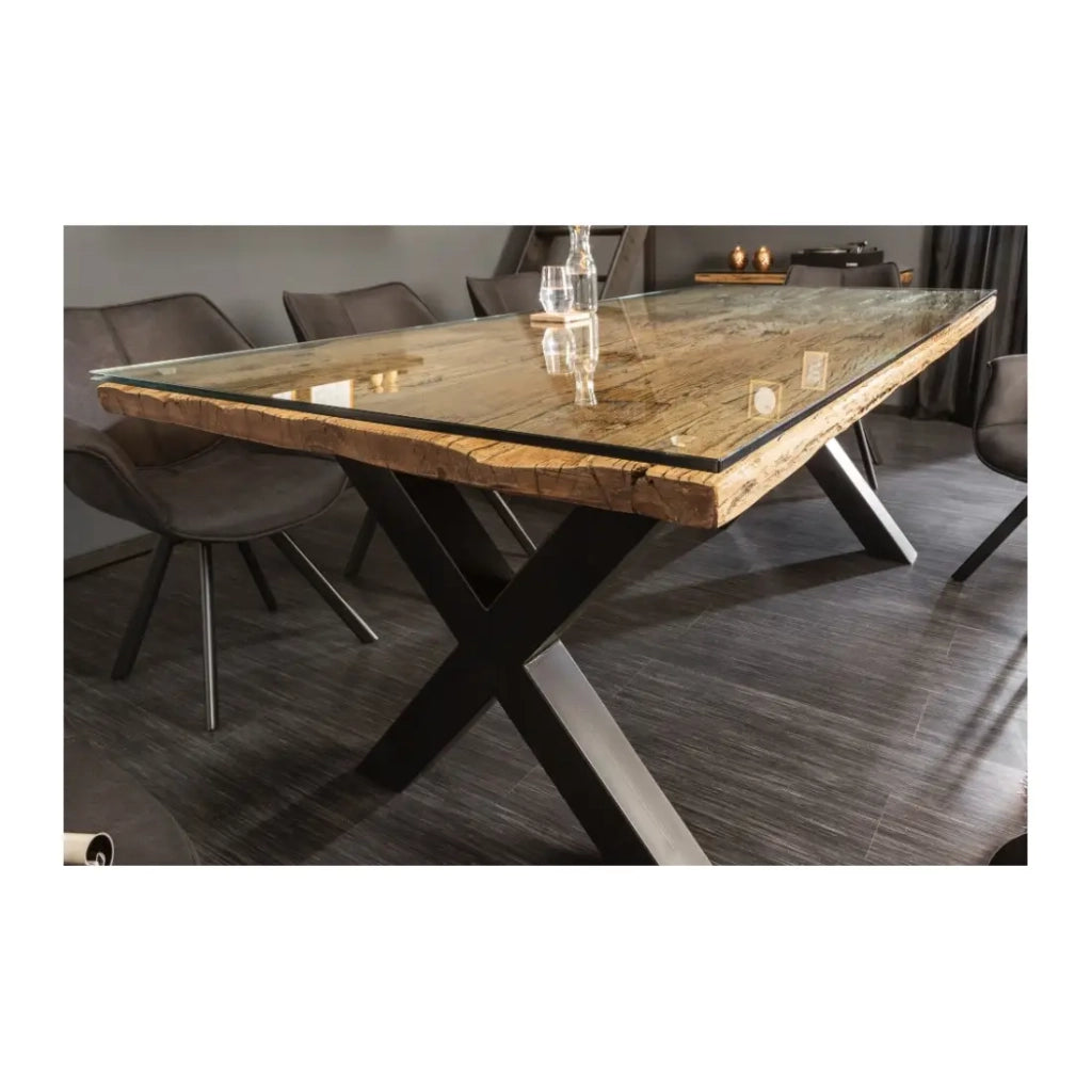 Table RAFTA 220 x 100 cm - Piano in teak massiccio con vetro temperato e gambe in metallo nero a X