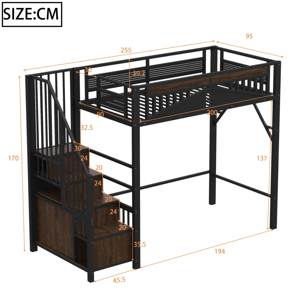 Letto a castello in metallo e legno nero 90x200 cm con recinzione di sicurezza e scala integrata