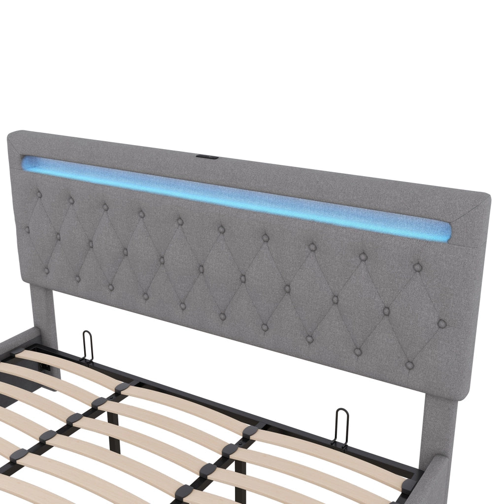 Letto imbottito 180x200 cm con contenitore; sollevamento idraulico; LED e USB; grigio