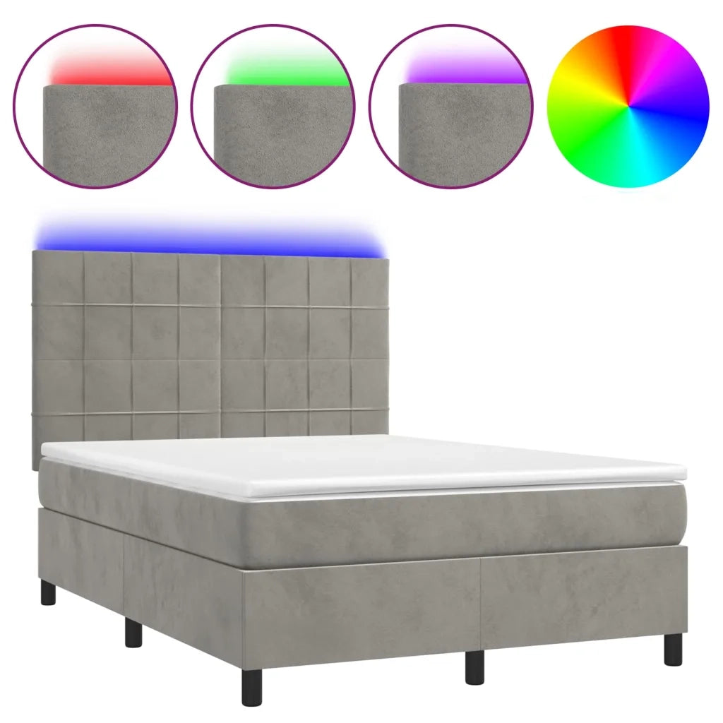 Letto a Molle Materasso e LED Grigio Chiaro 140x200 cm Velluto