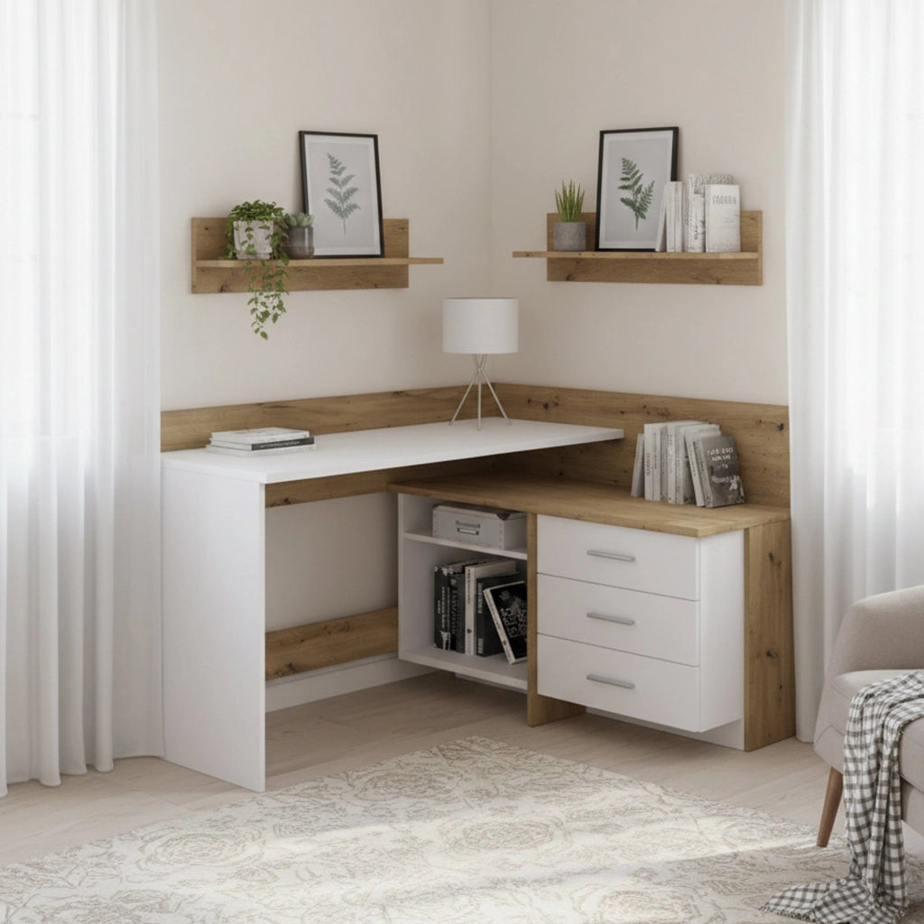 Scrivania Elsa, Scrittoio multiuso, Tavolo per ufficio porta PC, Piano di lavoro, 130x112h82 cm, Bianco e Rovere Nodi