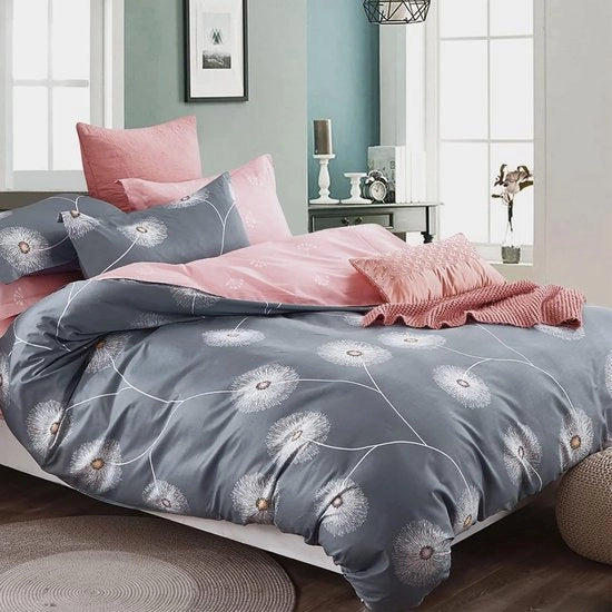 Set di lenzuola 135 x 200 cm - 4 pezzi - Rosa e Grigio - Coton - Inversibile con Disegno di Fiori - Chiusura a raccordo - Soffice e Respirante - Incluso 2 Paia di Cuscini 80 x 80 cm