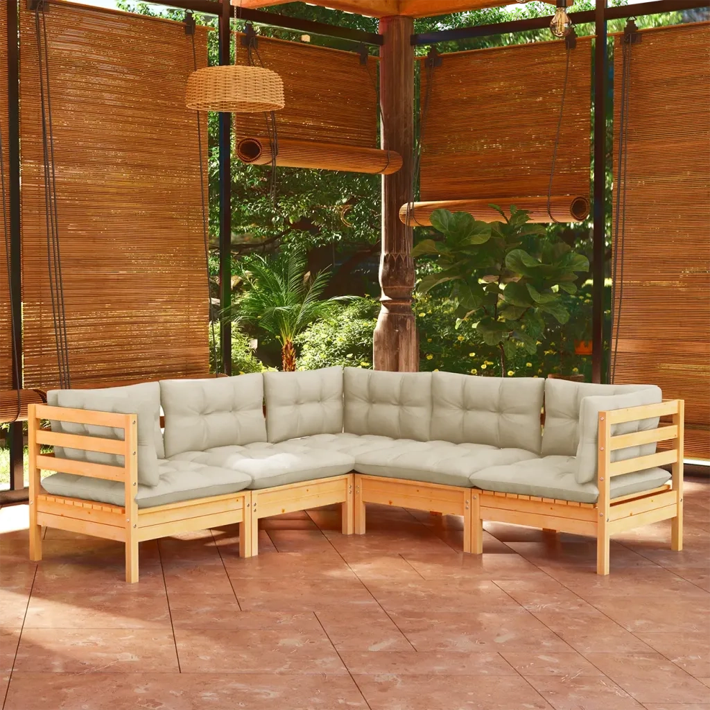 Set Divani da Giardino 5 pz con Cuscini Crema in Massello di Pino 3096671