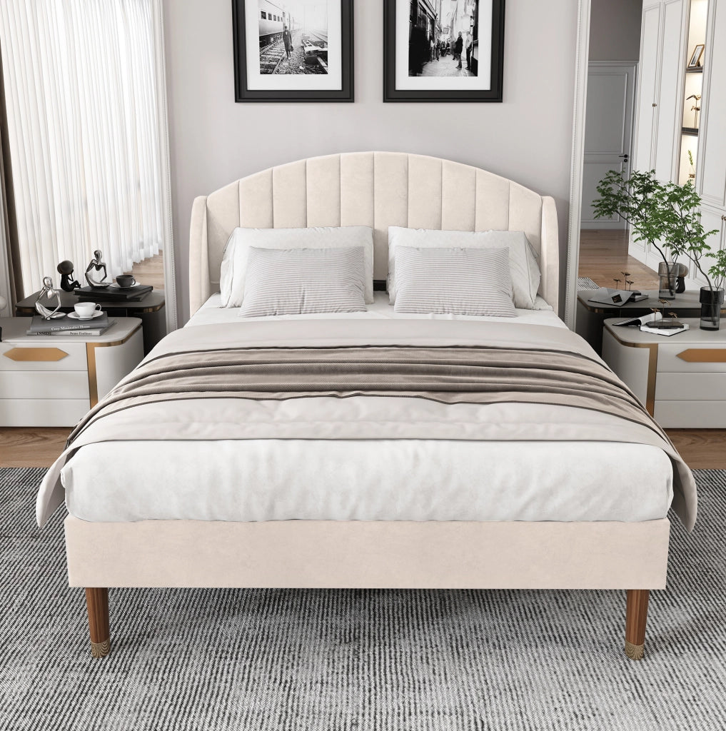 Letto imbottito 140x190 cm in velluto con testiera e rete a doghe; beige