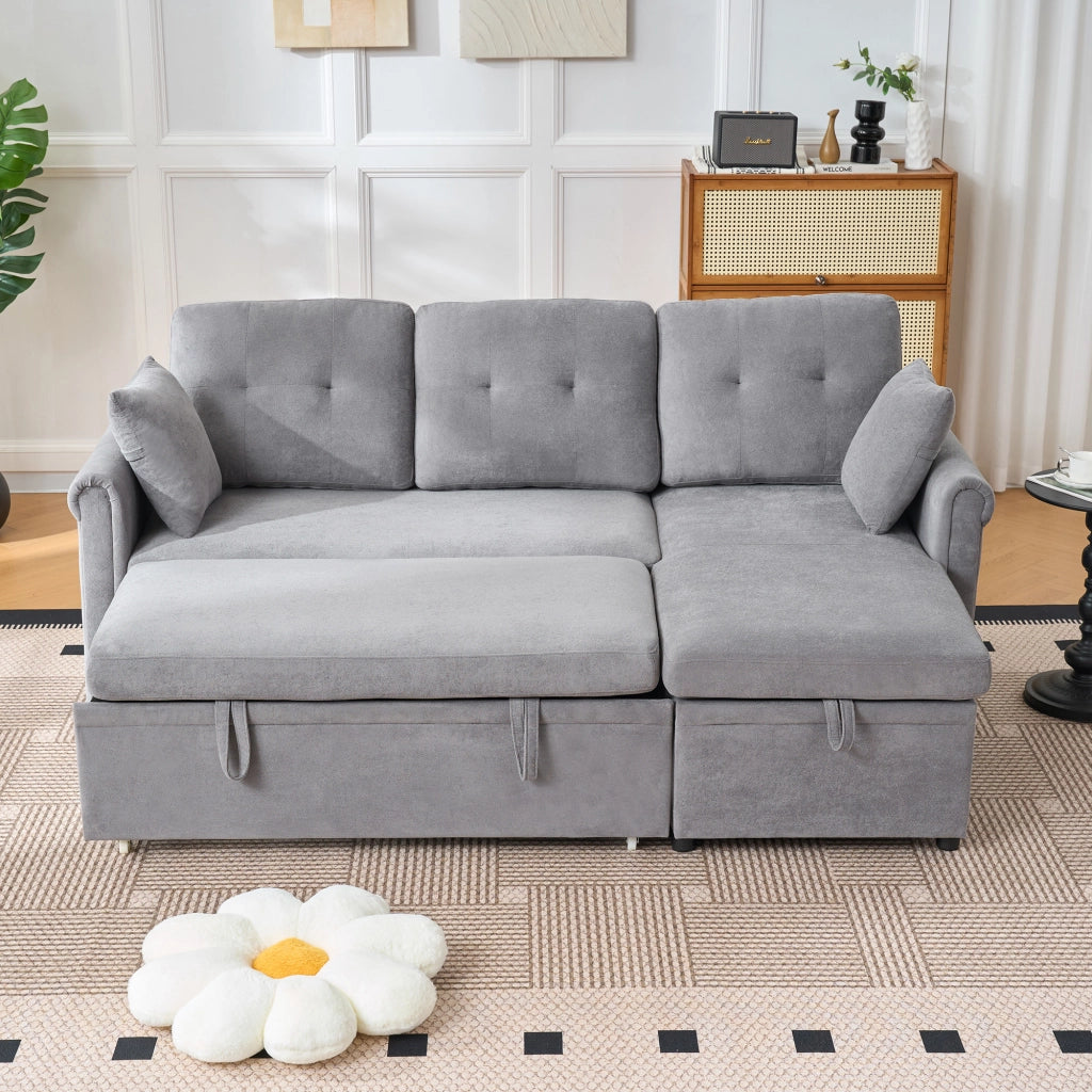 Divano angolare convertibile con vano contenitore e funzione letto chaise longue reversibile in ciniglia grigia