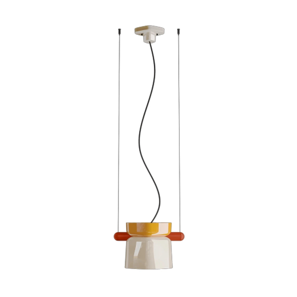 Sospensione Decò Yakitori Ceramica Giallo Crema Metallo Rosso 1 Luce E27