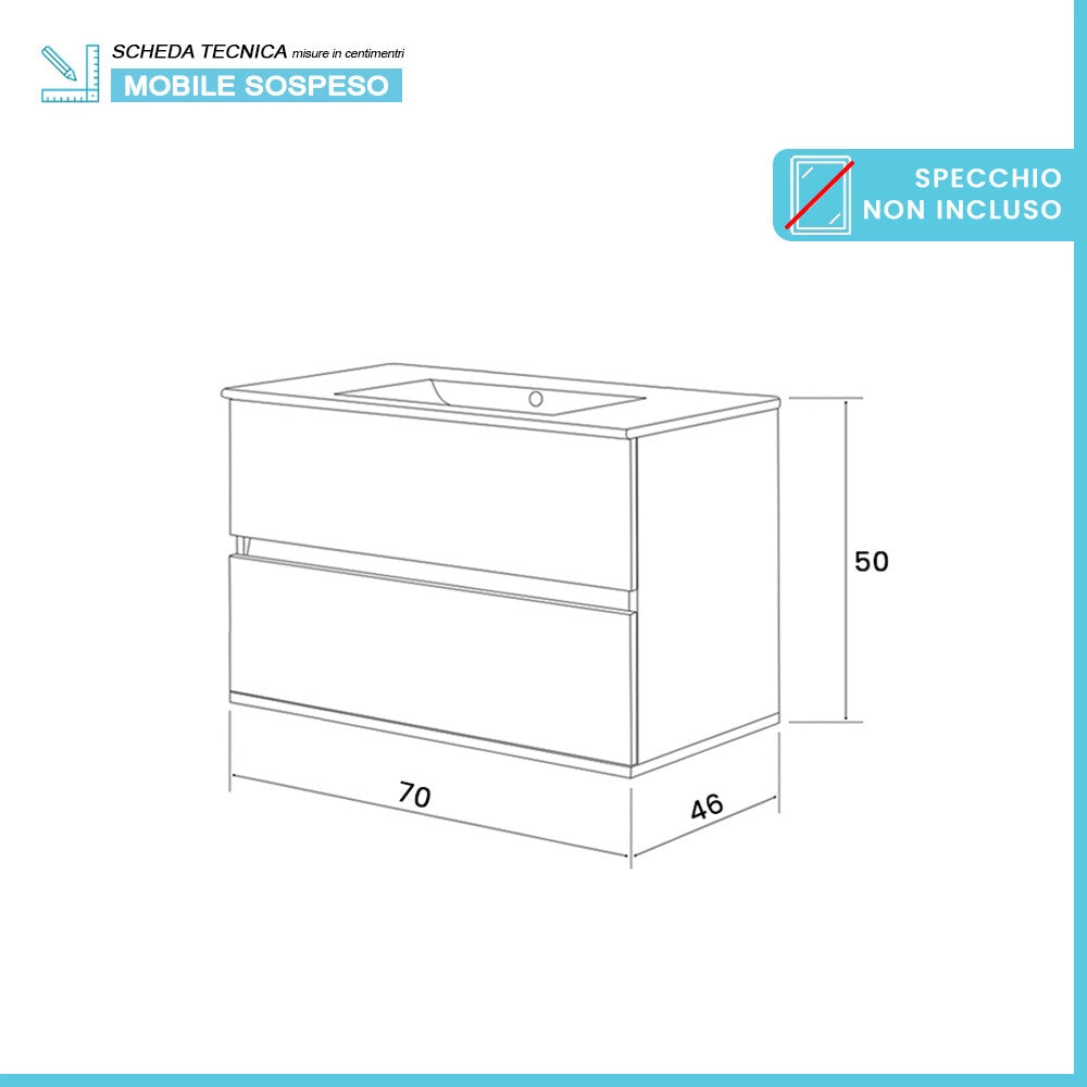 Mobile bagno sospeso 70 cm rovere bianco completo con lavabo Nadia