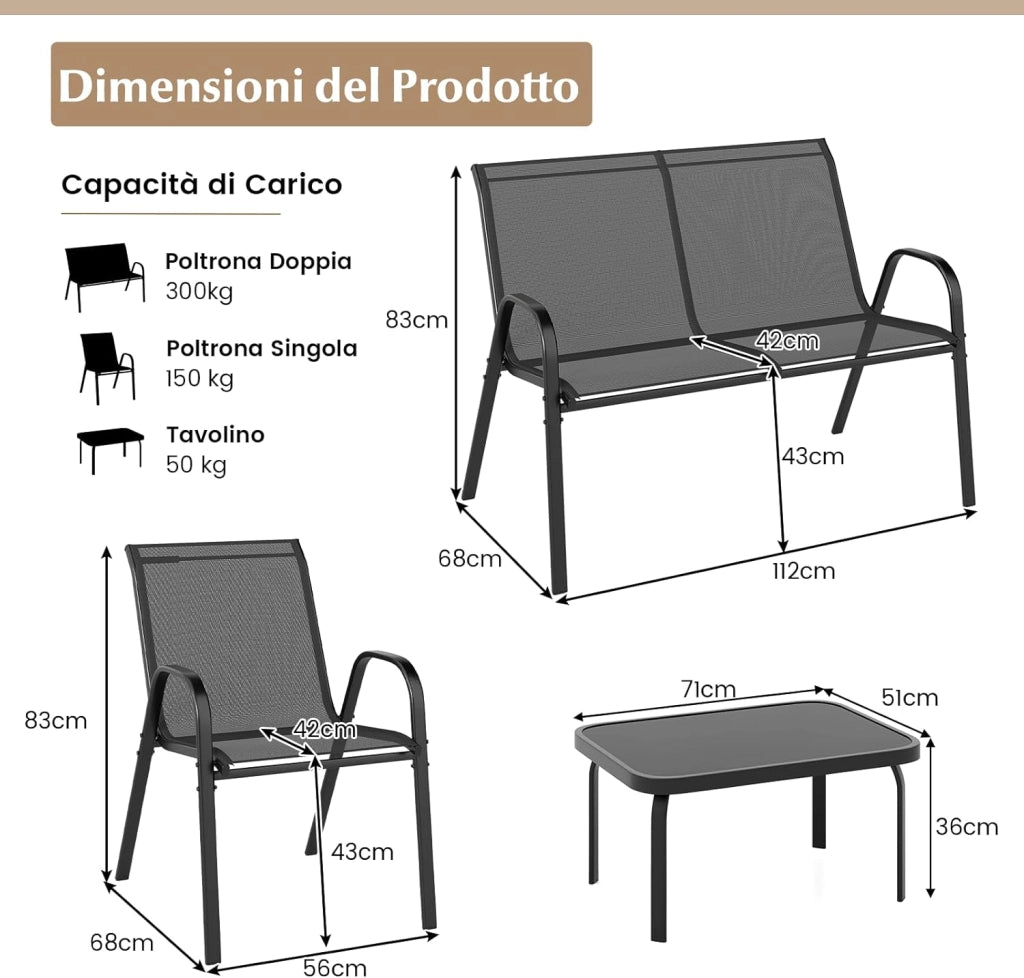 Set Tavolo e Poltrona da Giardino, Set di Mobili 4 Pezzi per Esterno, con Tavolino in Vetro Temperato, Panca e 2 Poltrone, per Giardino Balcone Piscina (Grigio)