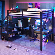 Letto a soppalco 140 × 200 cm con 3 vani contenitore, armadio, LED regolabile, scala contenitore, senza materasso, nero