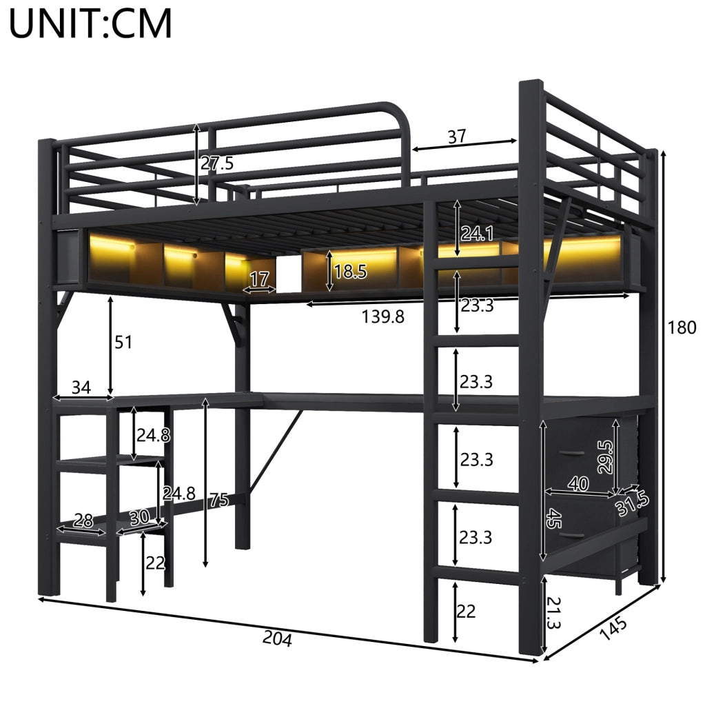 Letto a soppalco 140x200 cm con scrivania, LED e USB, nero