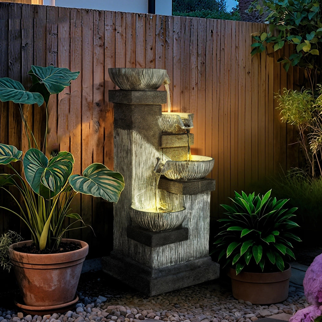 Fontana da Giardino 4 Livelli con LED e Pompa ¨C zephmum ¨C Grigio 85 cm